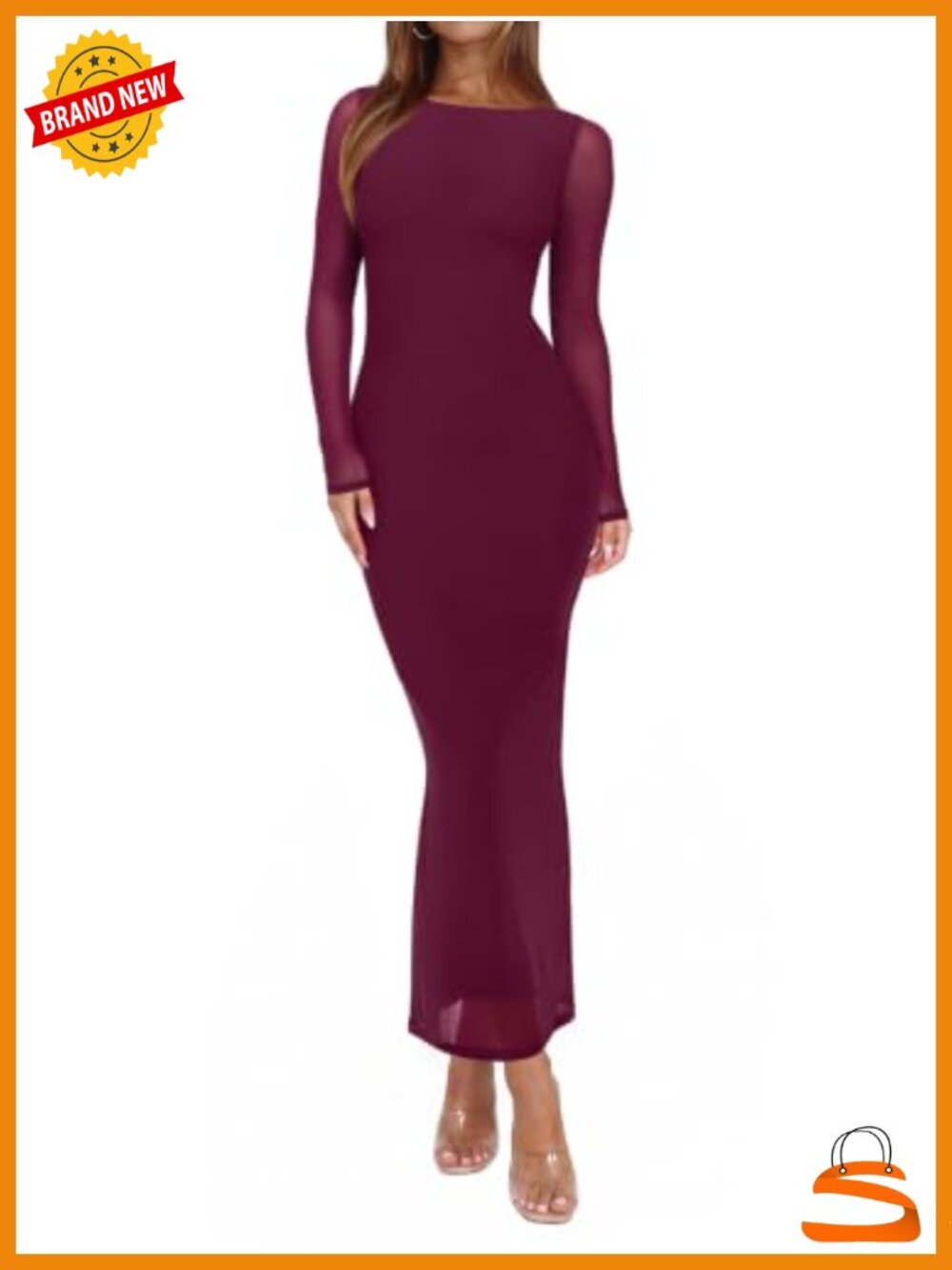Women's Mesh Sheer Long Sleeve Floral Bodycon Maxi Dress